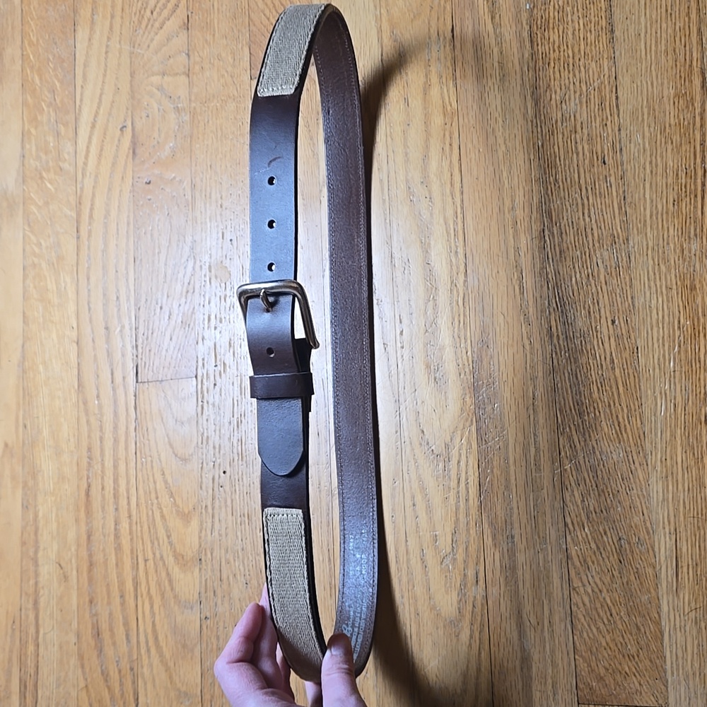 Eddie Bauer US made brown leather tan canvas trim silver buckle belt, sz 40